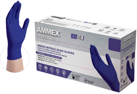 Ammex Powder Free Exam Grade Indigo Nitrile Gloves - Box Of 100